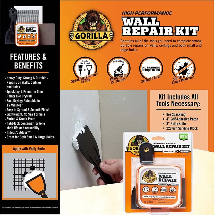 Halte - Gorilla Wall Repair Kit Featuring Gorilla Heavy Duty Wall Repair  Spackling + Primer White HM0731