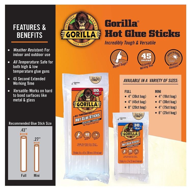 Gorilla Hot Glue Sticks 4 In. Full Size, 45 Count